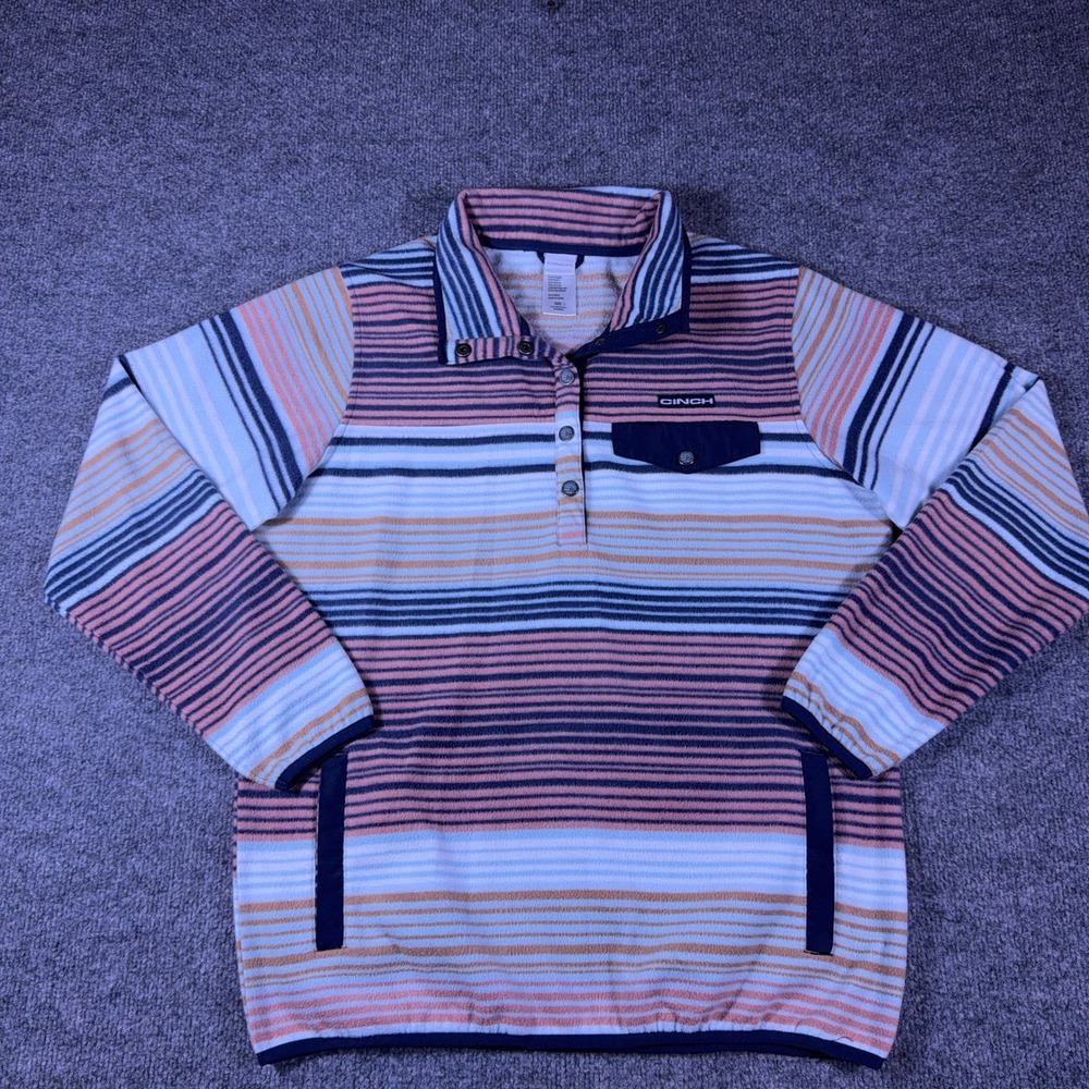 Cinch Womens Striped Fleece Quarter Snap Pullover Sweater Blue Orange Large